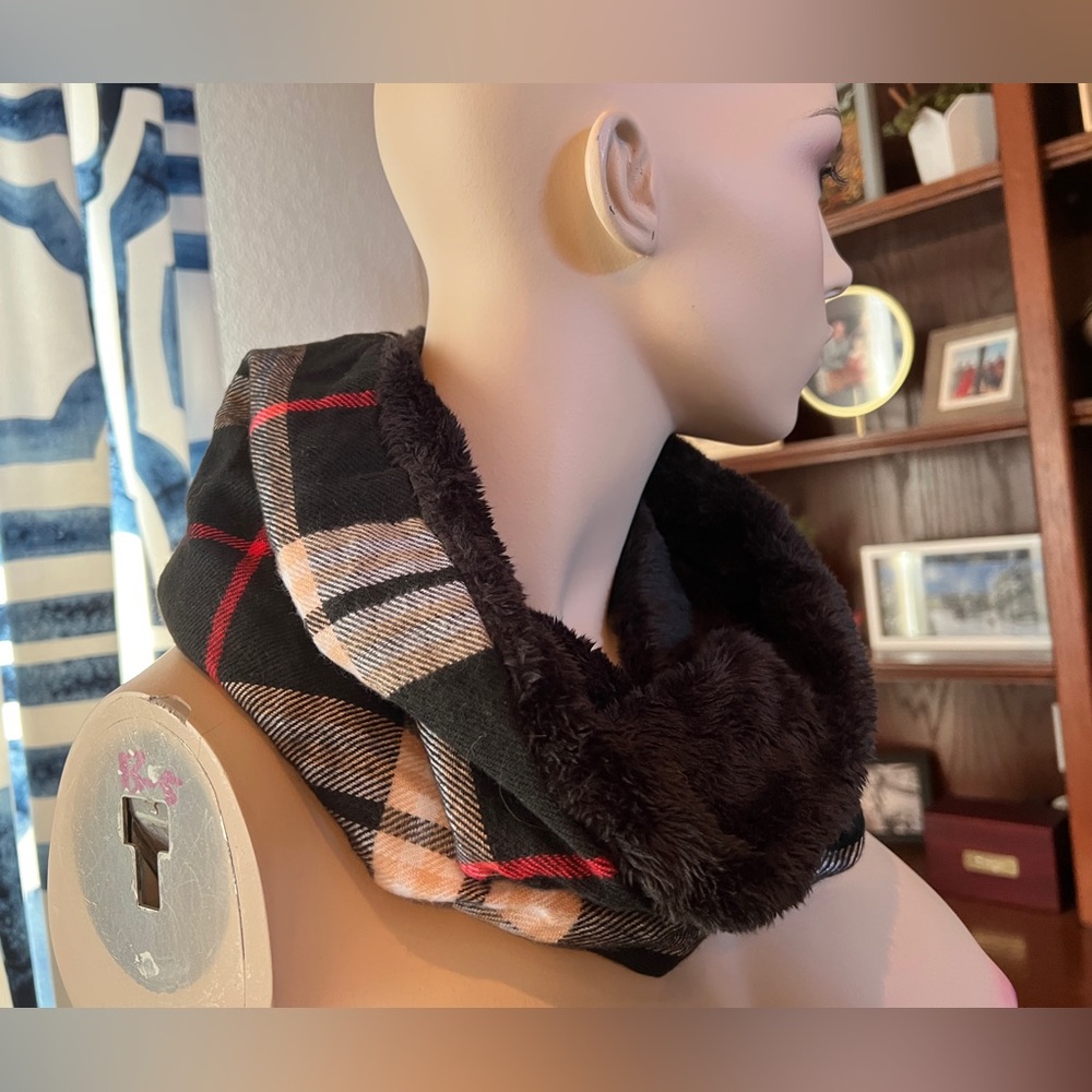 Plaid and Black Faux Fur Infinity Scarf